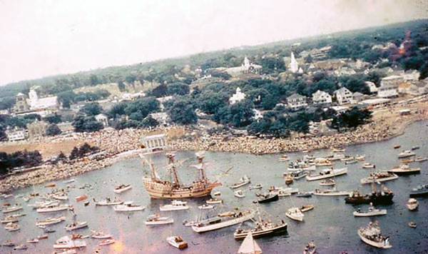 MAYFLOWER arriving by sea at Plymouth, Massachusetts