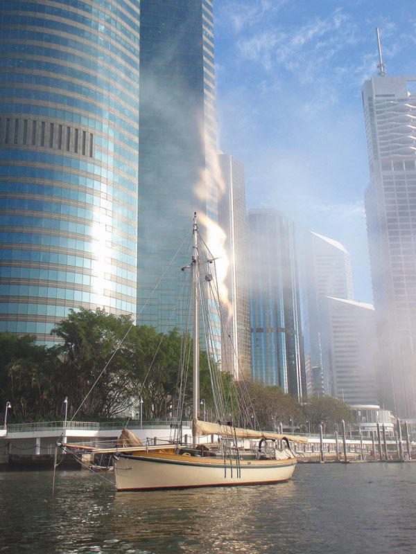 VIXEN at anchor in downtown Brisbane, Australia