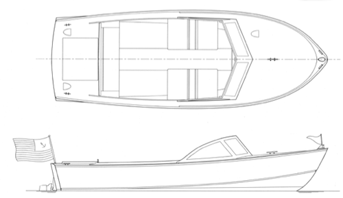 21′ 2″ Inboard/outboard runabout, built of marine plywood.