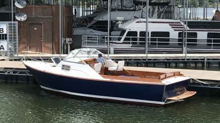 1968/2018 CHRIS-CRAFT CAVALIER CUTLASS 27, docked in water port side view