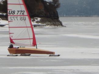 The Kestrel Mini Skeeter iceboat at Somers Bay Flathead lake Montana