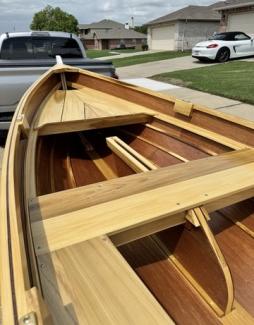 Arch Davis Penobscot 13’ Skiff, on trailer, view from above port side looking down toward bow