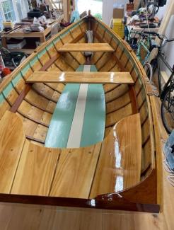 Fancy dinghy, rowboat, yacht tender, Chaisson Dory, view looking toward bow from above