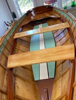 Fancy dinghy, rowboat, yacht tender, Chaisson Dory, view looking toward stern from above