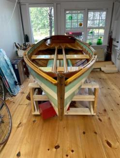 Fancy dinghy, rowboat, yacht tender, Chaisson Dory, view of boat from bow view