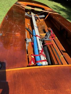 GERBER ALL-VARNISHED WOODEN SNIPE SAILBOAT, up close view inside