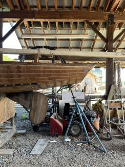 Wooden ballast keel sloop "RASCAL", view of keel and stern port side on stands
