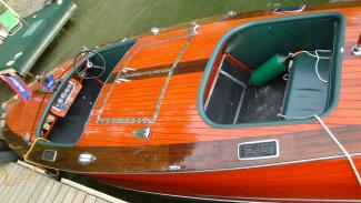 1934 GarWood 18' Split-Cockpit Runabout, docked port side view from above bow view