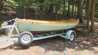No Mans Land Boat Mirth, on trailer port side view
