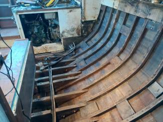 Starboard side gutted saloon looking aft, towards engine 