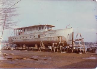 Smiths Marine Railway Winter 1976-1977 bottom being rebuilt and the stern changed from a canoe stern to a round stern. photo Butch Baxter