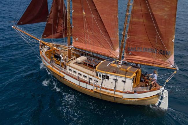 1938 Vintage Norwegian Double Ended Ketch, undersail, view from above look down port side view