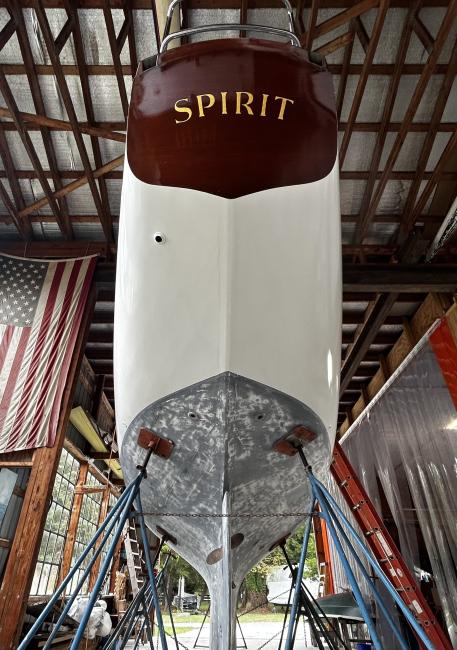 Spirit 39’ Sloop, stored inside, from underside full view keel looking up towards stern