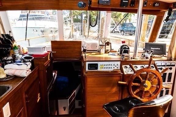 Grand Banks luxury motor yacht, wheel house helm