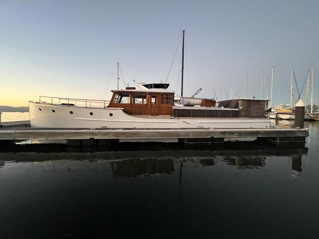 M/V TAUTIRA exterior at sunset in Pelican Harbour, Sausalito