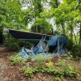 1920 Herreshoff S Boat in need of restoration, port side bow view