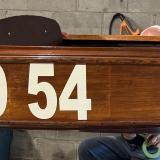 1950 Papst wooden racing boat, full starboard side view, indoors