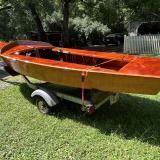 GERBER ALL-VARNISHED WOODEN SNIPE SAILBOAT, on trailer port side view