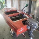 Glendale 12 ft plywood runabout, on trailer port side stern view