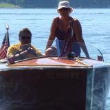 1934 GarWood 18' Split-Cockpit Runabout, bow starboard view in water