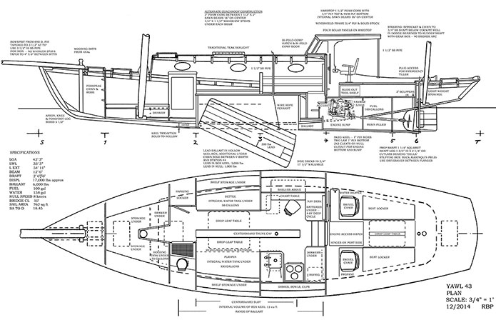 Yawl 43 plan and inboard profile.