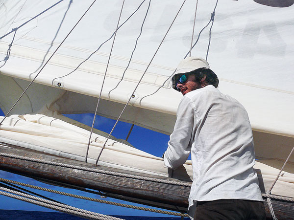 The strong sun wore out stitches in the mainsail.
