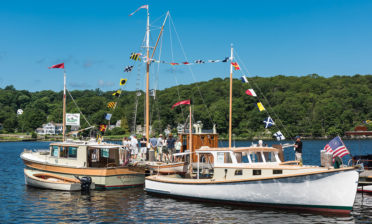 PENBO trawler SCARLET, power cruiser CARIBOU, outboard launch, and GRAYLING.