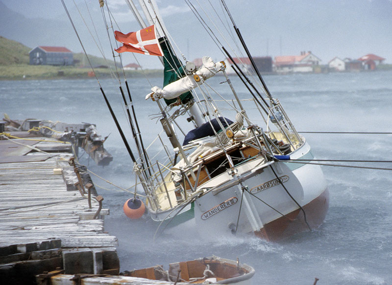 WANDERER moored alongside the old whaling station of Grytviken.