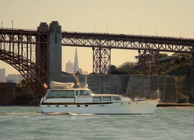 1969 58' Trumpy AURORA V at the south base of the Golden Gate Bridge
