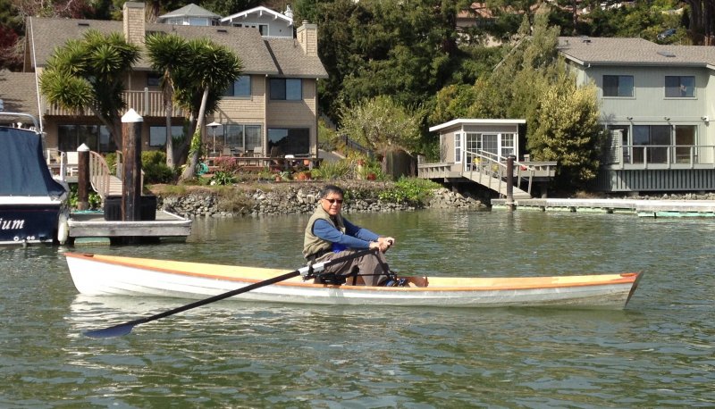 Kwei rowing his Annapolis Wherry on Richardson Bay