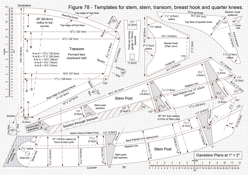 Template for stem, stern, transom, breast hook, and quarter knees.