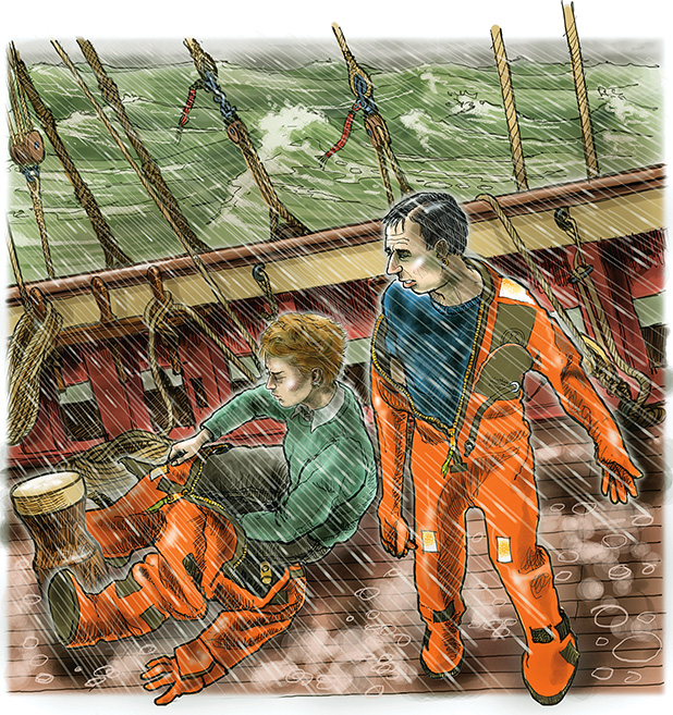 Crew putting on survival suits, illustration by Jan Adkins.