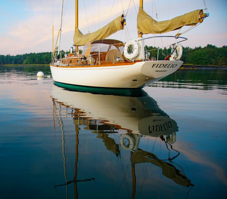 FIDELIO on her mooring. FIDELIO, a Sparkman & Stephens Finisterre yawl.