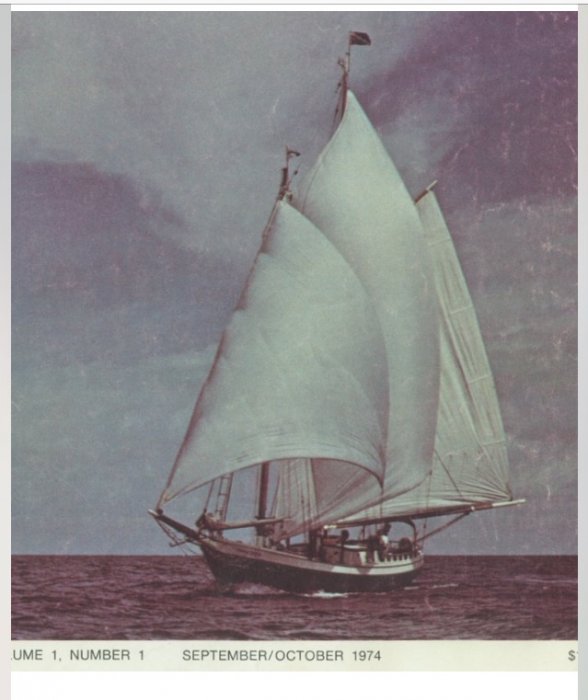 SILVER HEELS under sail on the first issue of THE WOODENBOAT, 1974.