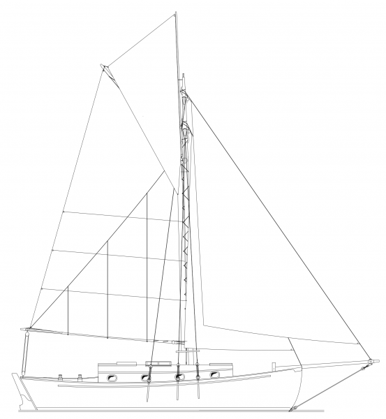 North Sea 29: wooden centerboard cruising cutter with gaff rig and long cabin trunk 
