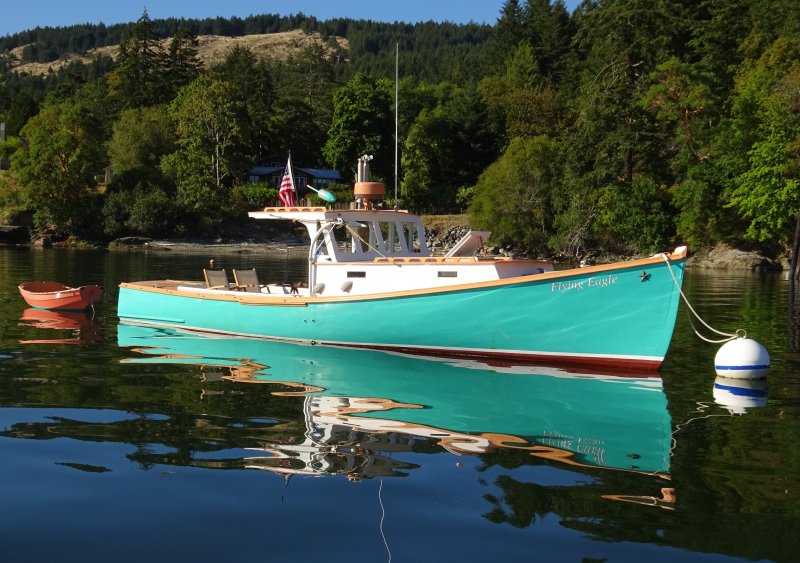 1963 Downeast Maine lobsterboat FLYING EAGLE built by Vinal Beal. Jonesporter / Beals Islander FLYING EAGLE w/ Nutshell pram EAGLET.