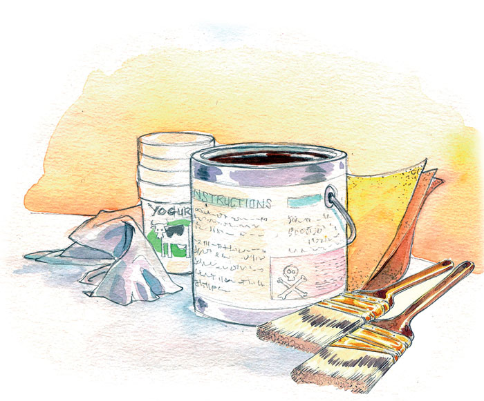 Paint can and brushes Illustration by Simon Adams