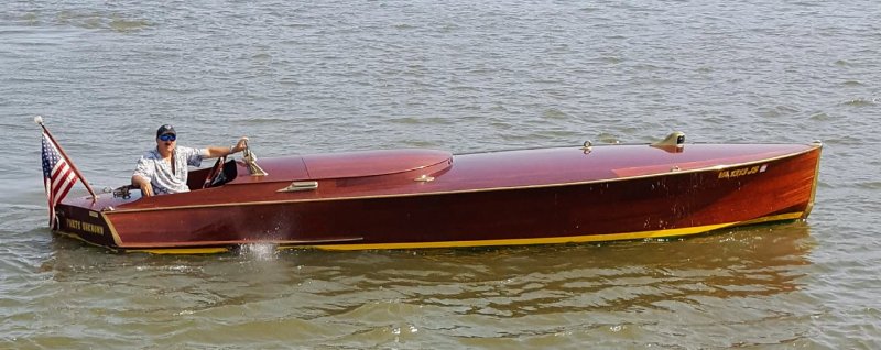 THE SHEIK is a 1985 replica of a 1920s Gold Cup raceboat. THE SHEIK, Sept. 2017.