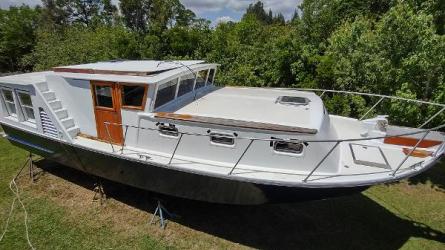 40' Lobster  Boat Custom Trawler, on stands starboard side view