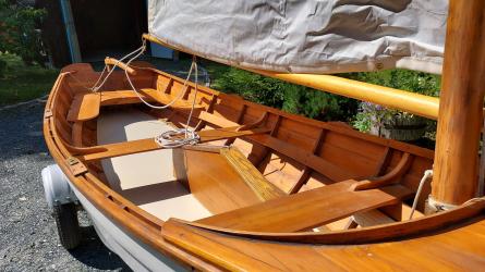 15' Dory-skiff, on trailer looking down towards stern on starboard side
