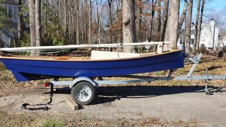 14' Oyster Sharpie - Howard Chapelle design- on trailer starboard side view