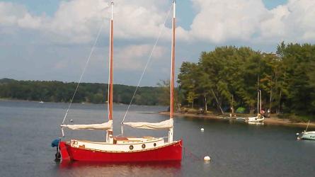 Custom cat ketch, moored starboard side view