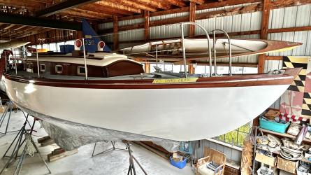 Spirit 39’ Sloop, inside on stands, starboard side view