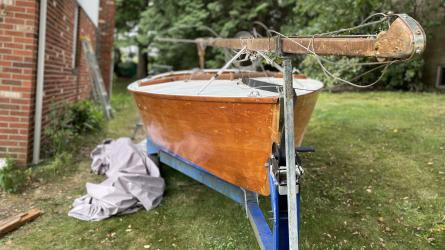 19' Lightening  sailboat, on trailer looking at bow starboard 