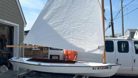 Melonseed Day Sailer, on trailer starboard side view sail up