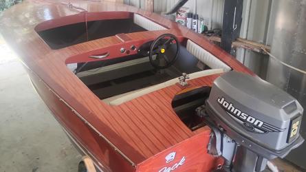 Glendale 12 ft plywood runabout, on trailer port side stern view
