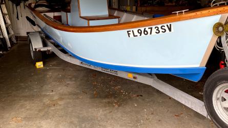 2018 Wooden Seaskiff, on treailer starboard side bow view