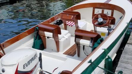 LS 17' Runabout, docked view from stern starboard side