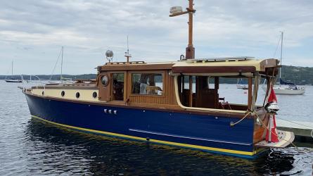Pinaud 37 motor cruiser, in water port side view