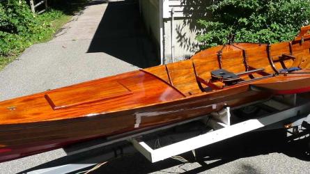 Thames River rowing skiff, on trailer port side bow view
